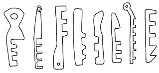 Wooden (and iron) keys for pin tumbler locks. From the left: Lund, Jämtland (iron), Småland, Denmark, Denmark, Estonia, Norway, and Asia Minor.